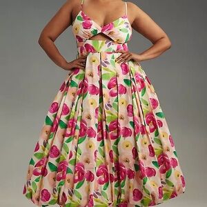 Anthropologie Floral Midi Dress - Pink and Green